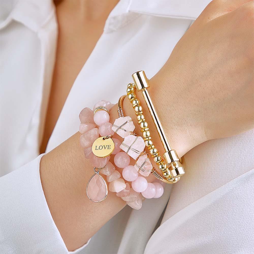 Bracelet Gravé Avec Pierre De Naissance Personnalisée, Cristal Rose, Style Bohème, Cadeau - soufeelfr
