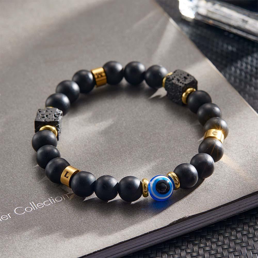 Bracelet Amulette Gravé Sur Mesure Evil Eye, Pierre De Lave Et Perles D'onyx Pour Hommes