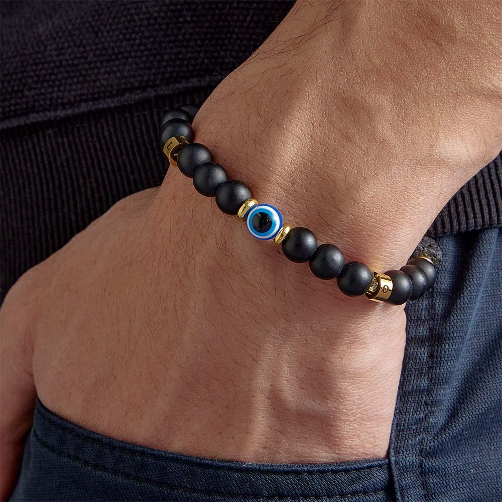 Bracelet Amulette Gravé Sur Mesure Evil Eye, Pierre De Lave Et Perles D'onyx Pour Hommes