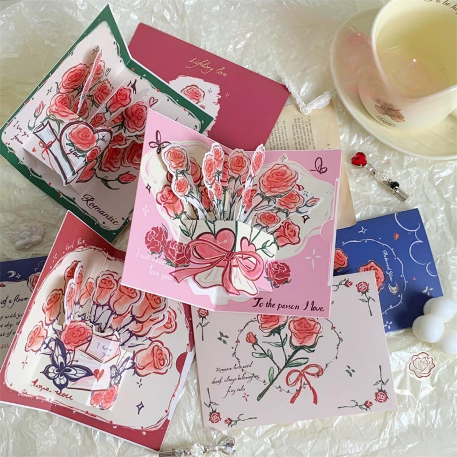 Carte De Vœux Rétro Pliable En Trois Dimensions Avec Motif Rose - soufeelfr