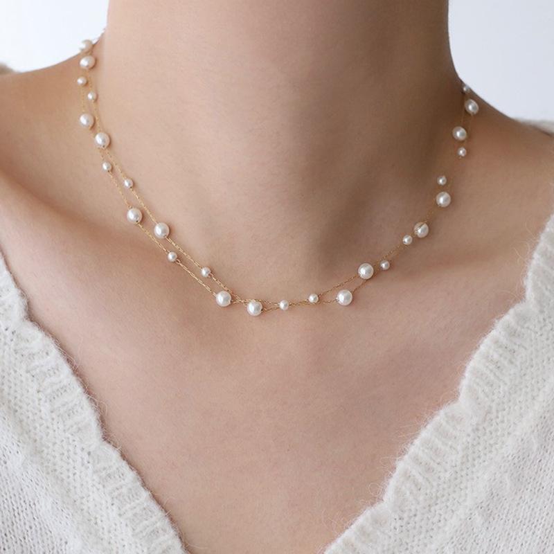 Collier De Perles Flottantes Double Couche Délicate | Collier Ras Du Cou Plaqué Or, Chaîne De Clavicule Délicate, Ne Ternit Pas, Bijoux - soufeelfr