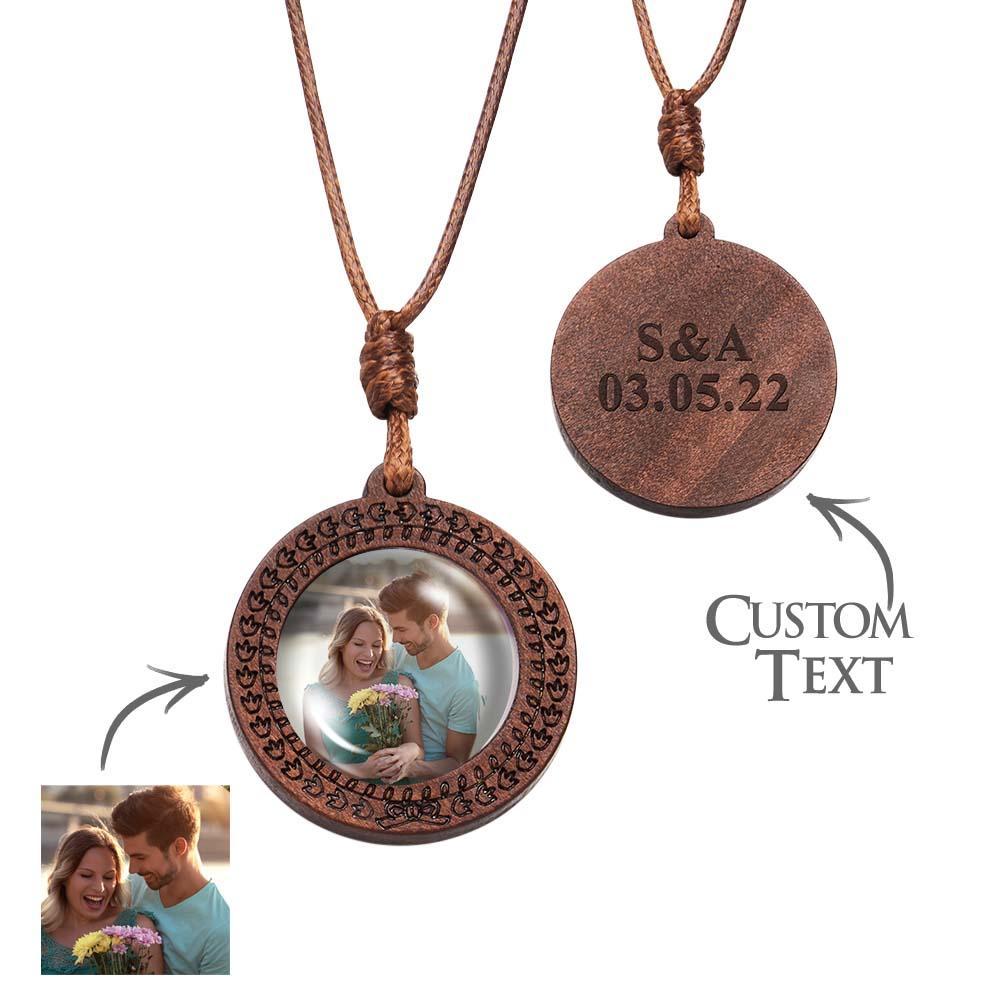 Collier Photo Personnalisé Cadeaux De Saint Valentin Pour Lui Pendentif En Bois Gravé Nom Personnalisé Pendentif Rond - soufeelfr