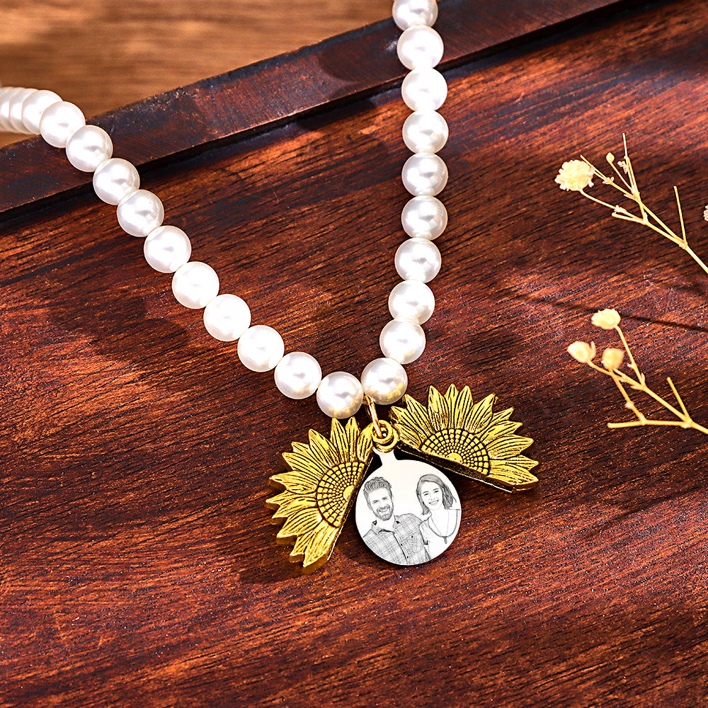 Collier Photo Personnalisé Vintage Fleur Perle Amour Cadeau - soufeelfr