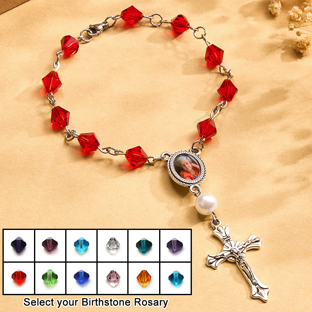 Bracelet Chapelet Photo Personnalisé Avec Pierre De Naissance Et Pendentif Croix, Cadeau Commémoratif Pour La Famille - soufeelfr