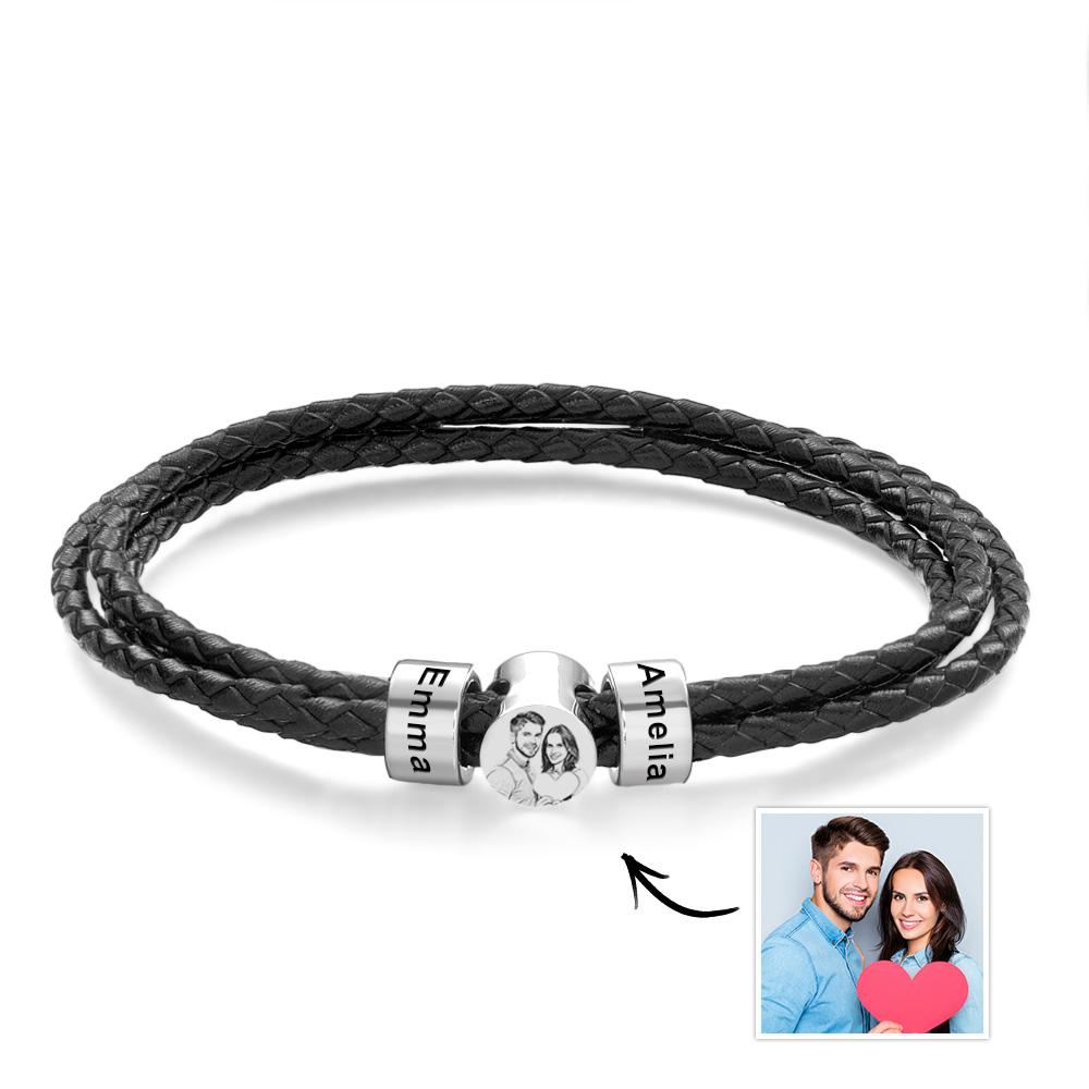 Bracelet En Cuir Personnalisé Pour Hommes, 2 À 6 Noms Gravés, Perles, Bracelets Pour Père - soufeelfr