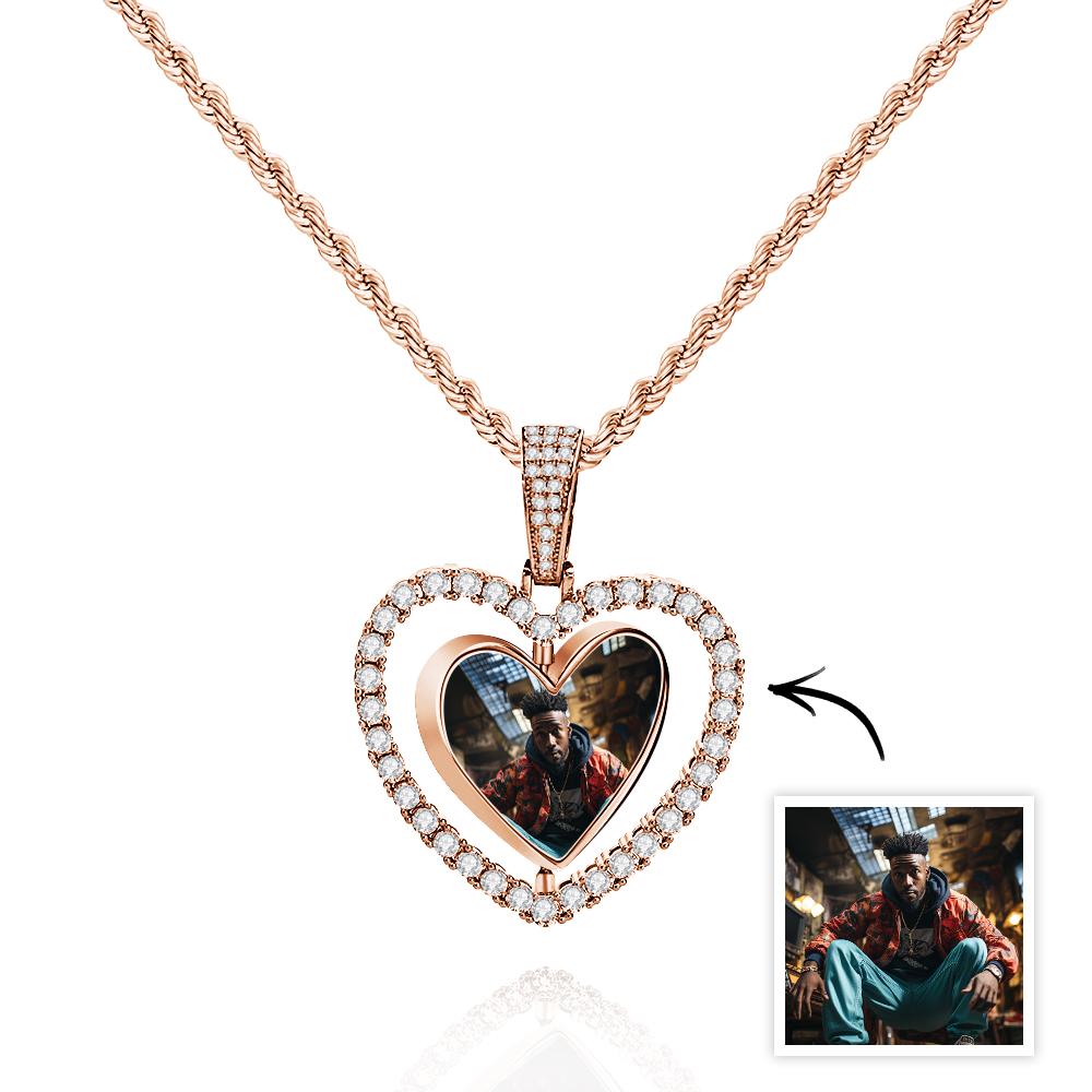 Collier Photo Hip Hop En Forme De Cœur Rotatif, Pendentif En Zircon Ajouré, Bijoux Cadeaux Pour Hommes - soufeelfr