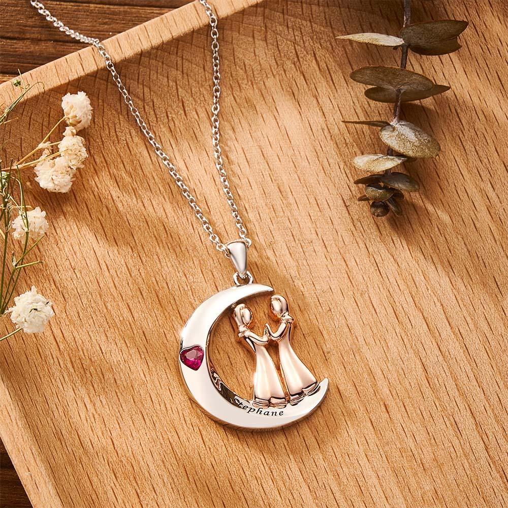 Collier Personnalisé Avec Pierre De Naissance En Forme De Cœur, Lune Gravée, Bijoux Doux Pour Filles, Pour Amis - soufeelfr