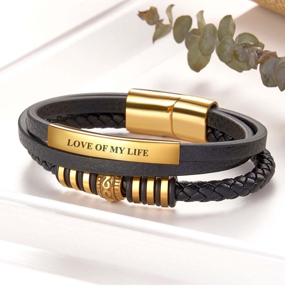 Bracelet En Cuir Pour Homme « Shine » En Noir Fermoir Magnétique En Acier Inoxydable En Argent Et Or - soufeelfr