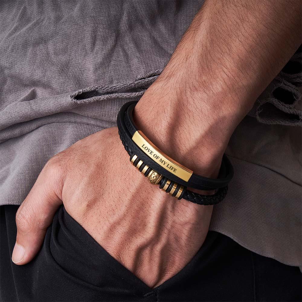 Bracelet En Cuir Pour Homme « Shine » En Noir Fermoir Magnétique En Acier Inoxydable En Argent Et Or - soufeelfr