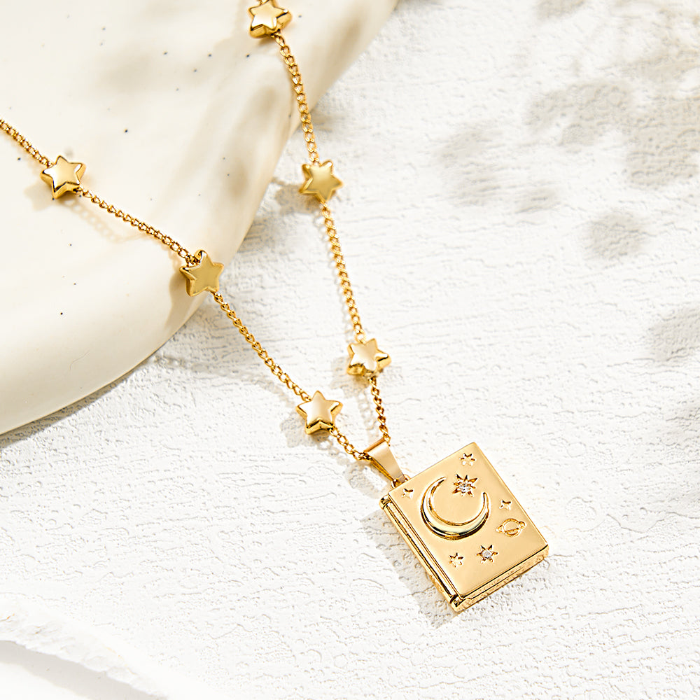 Collier Médaillon Photo Personnalisé, Pendentif Élément Étoile Lune À La Mode, Cadeau D'amour - soufeelfr