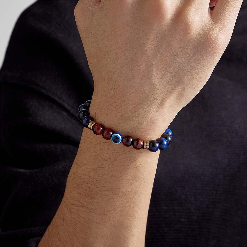 Bracelet Amulette Gravé Personnalisé Mauvais Œil Bleu Et Rouge Œil De Tigre Bracelet Perlé Pour Hommes - soufeelfr