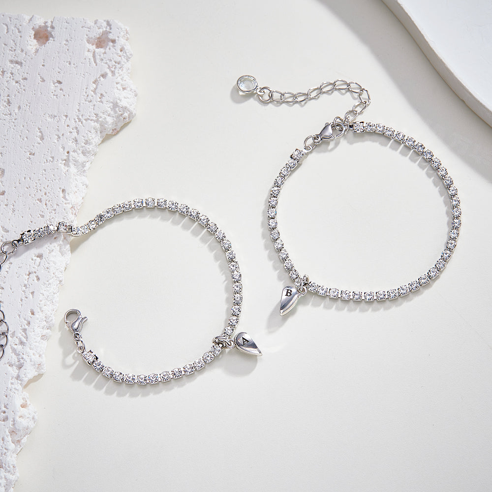 Bracelet De Tennis Magnétique Gravé Personnalisé, Ensemble De Diamants En Forme De Cœur, Bracelet Assorti, Cadeau Pour Couples - soufeelfr
