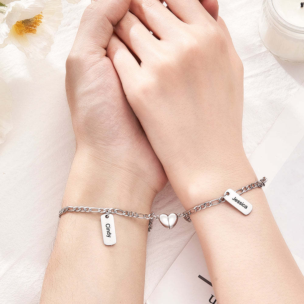 Bracelet Gravé Personnalisé Coeur Magnétique Chaîne Simple Cadeau De Couple - soufeelfr