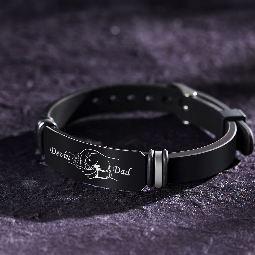 Bracelet Noir Gravé Personnalisé Pour Hommes, Main Dans La Main, Cadeau Parfait Pour La Fête Des Pères Pour Papa - soufeelfr