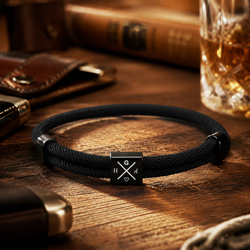 Bracelet Noeud Réglable Personnalisé Pour Papa – Bracelet Initial Gravé Personnalisé, Cadeau Fête Des Pères