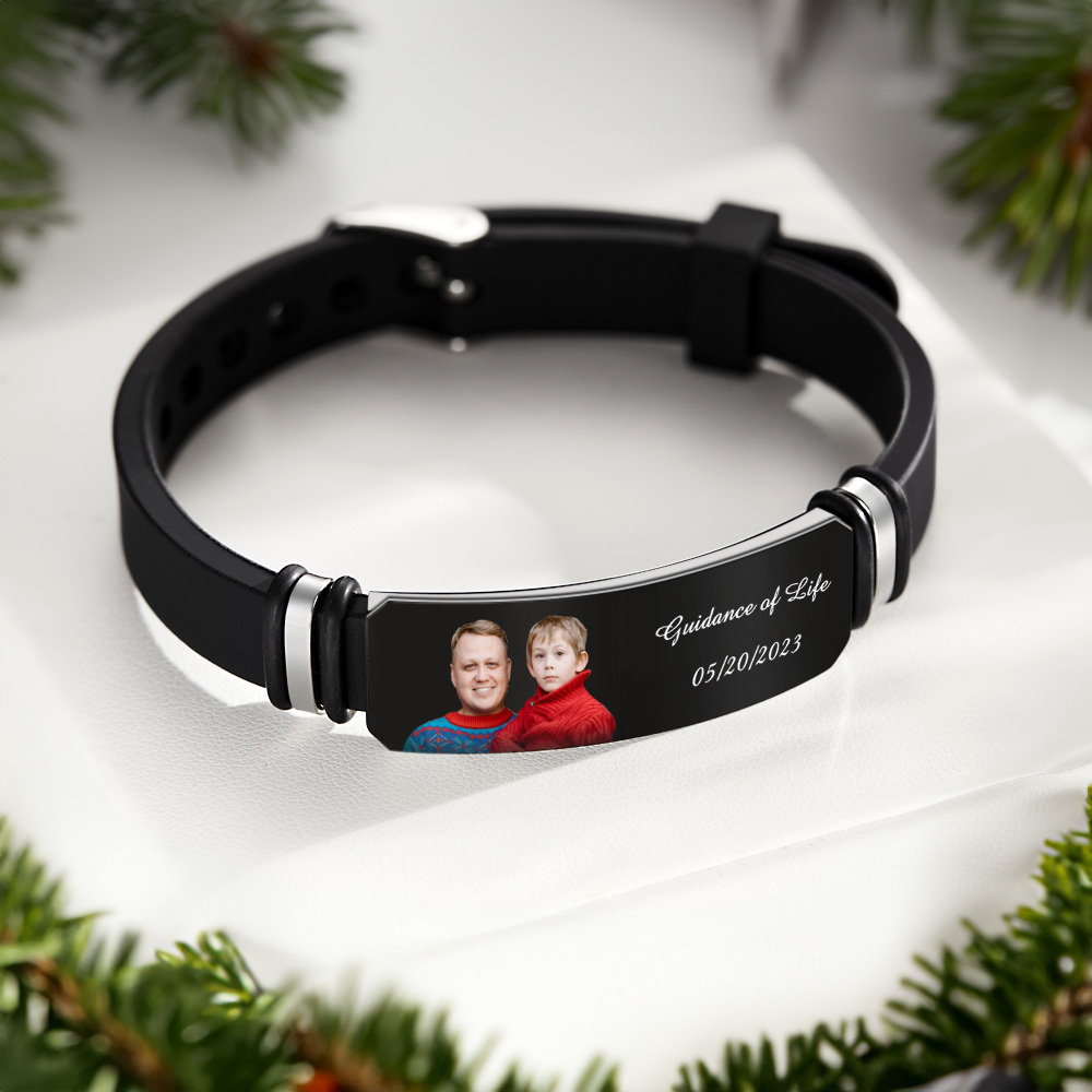Bracelet Noir Gravé Avec Photo Personnalisée Pour Hommes, Bracelet Personnalisé Pour Hommes, Cadeau Parfait Pour Le Jour De Noël - soufeelfr