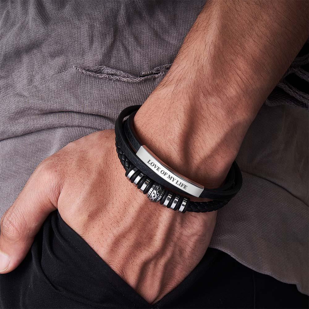Bracelet En Cuir Pour Homme « Shine » En Noir Fermoir Magnétique En Acier Inoxydable En Argent Et Or - soufeelfr
