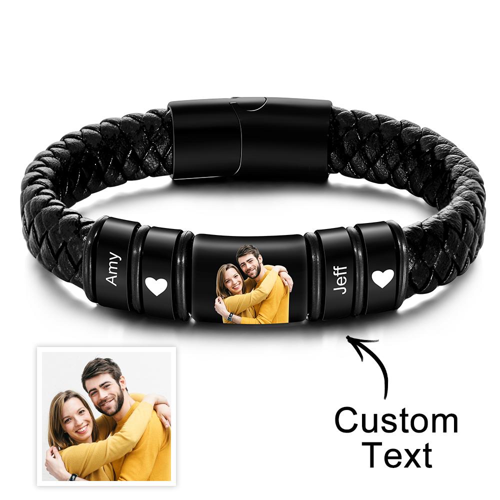 Bracelet Personnalisé Avec Photo Gravée, Bracelet En Cuir Pour Hommes, Cadeaux Pour Lui - soufeelfr