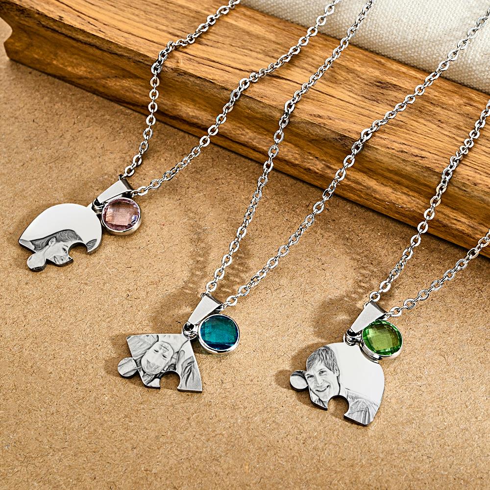 Collier Puzzle À Trois Cœurs Avec Photo Personnalisée, Pendentif Avec Pierre De Naissance, Bijoux Cadeaux Pour La Famille - soufeelfr