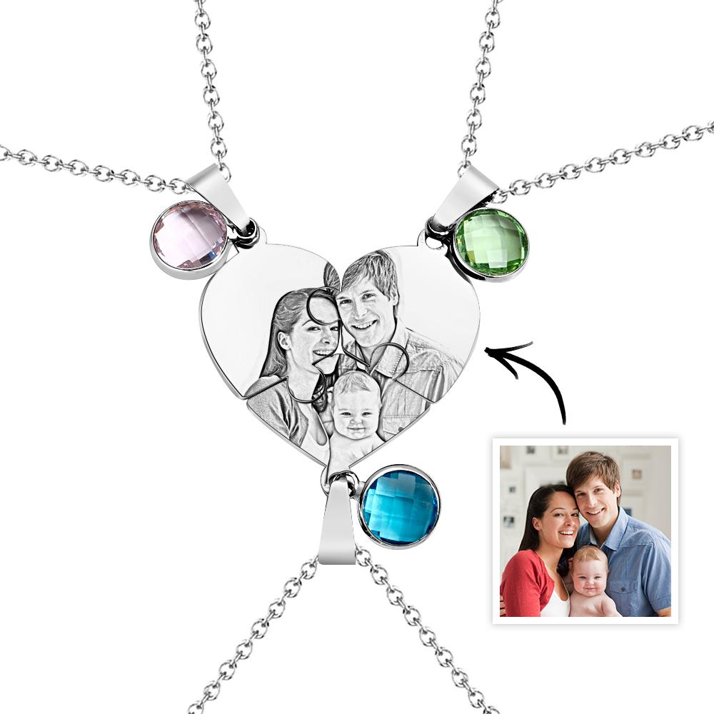 Collier Puzzle À Trois Cœurs Avec Photo Personnalisée, Pendentif Avec Pierre De Naissance, Bijoux Cadeaux Pour La Famille - soufeelfr