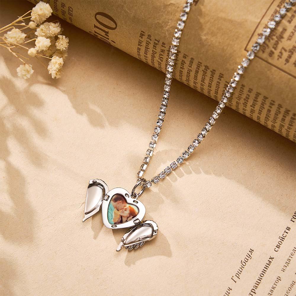 Collier Médaillon Photo Gravable, Chaîne De Tennis, Cœur Personnalisé, Ailes D'ange, Cadeau Pour Elle - soufeelfr