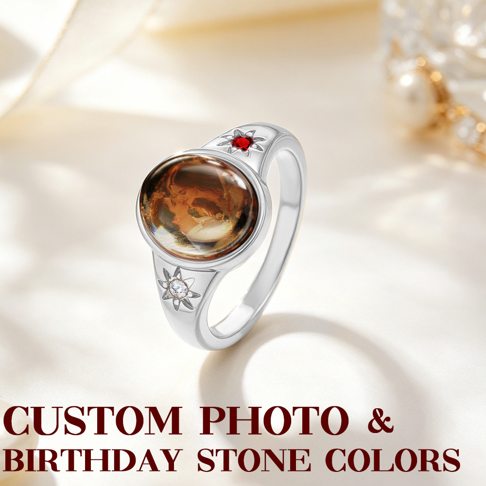 Bague Photo Ovale Personnalisée Avec 2 Pierres De Naissance – Bague Photo En Or Personnalisée Pour Son Cadeau D'anniversaire - soufeelfr