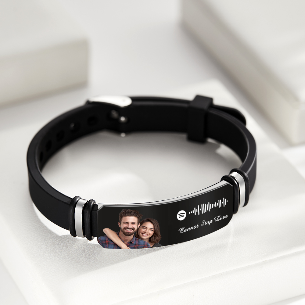 Bracelet Noir Avec Photo Personnalisée Gravée Spotify Music Pour Lui, Cadeau Parfait Pour La Saint-valentin - soufeelfr