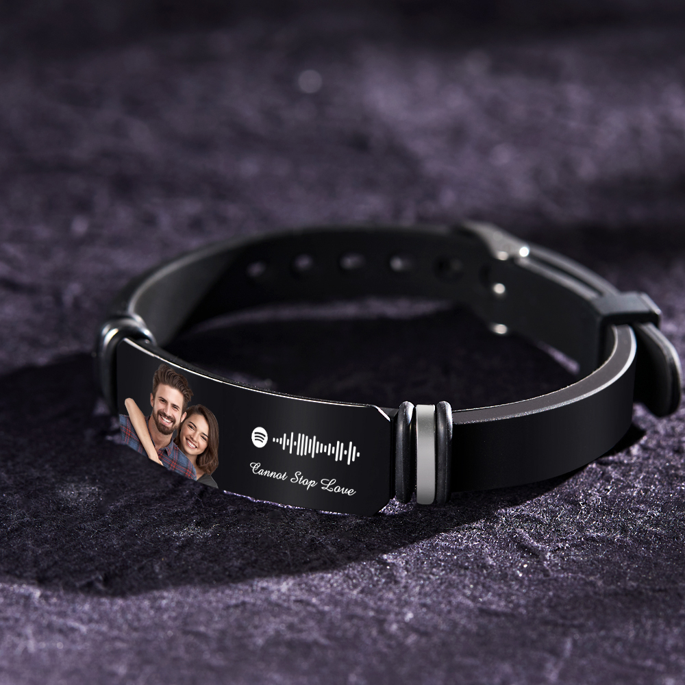 Bracelet Noir Avec Photo Personnalisée Gravée Spotify Music Pour Lui, Cadeau Parfait Pour La Saint-valentin - soufeelfr
