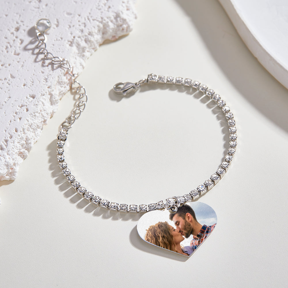 Bracelet De Tennis Personnalisé Avec Photo De Cœur, Pendentif D'amour, Tous Les Diamants, Cadeau Pour Elle - soufeelfr