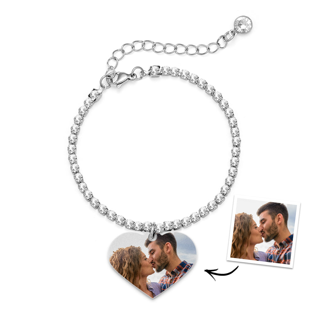 Bracelet De Tennis Personnalisé Avec Photo De Cœur, Pendentif D'amour, Tous Les Diamants, Cadeau Pour Elle - soufeelfr