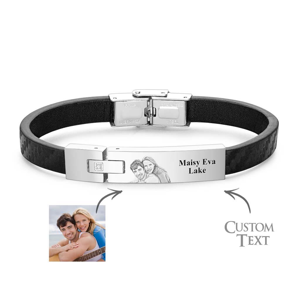 Bracelet En Cuir Personnalisé Nom Et Photo Personnalisés Bracelet En Acier Inoxydable Cadeau Fête Des Pères - soufeelfr