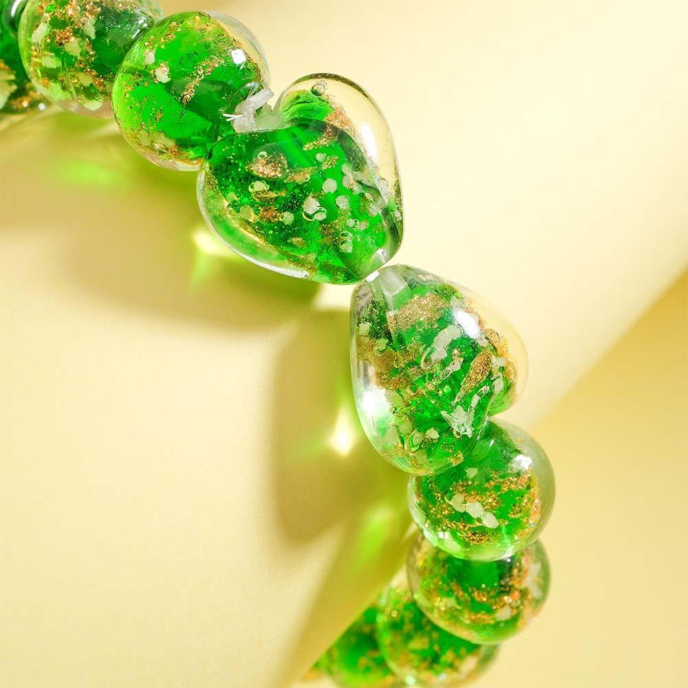 Bracelet De Perles Extensibles En Verre Luciole Cœur À Cœur Vert Herbe, Brille Dans Le Noir, Lumineux - soufeelfr