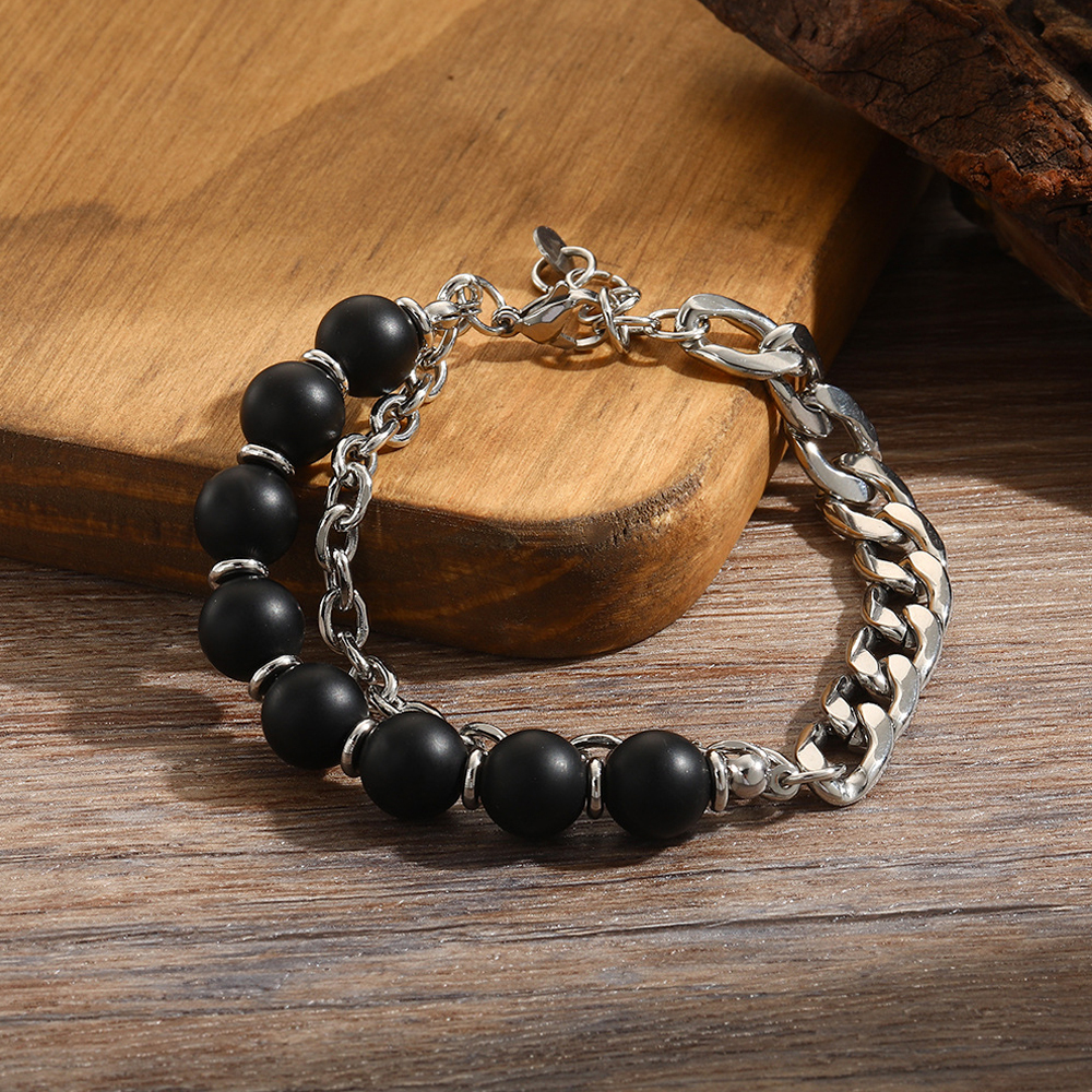 Bracelet Pour Hommes, Chaîne, Perles Noires Givrées, Cadeau Pour Petit Ami - soufeelfr