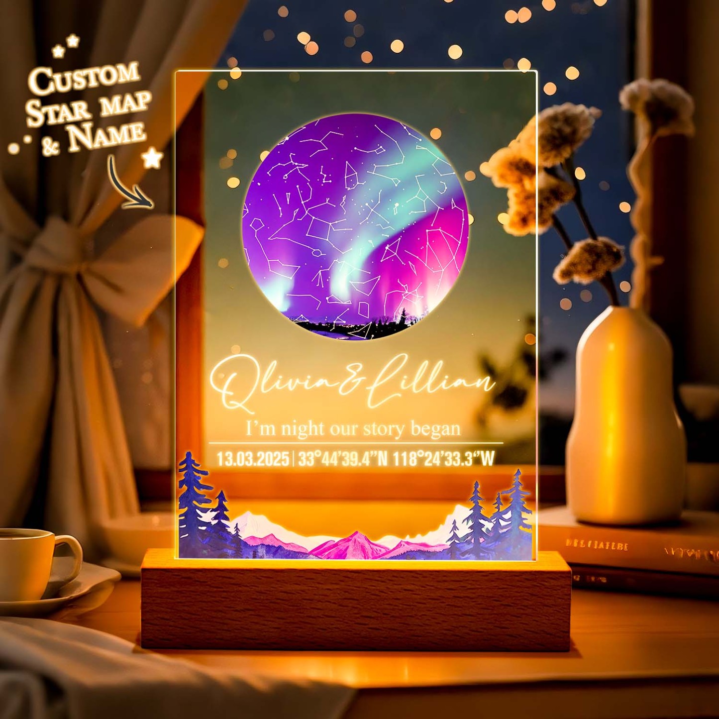 Veilleuse Personnalisée En Acrylique Avec Carte Des Étoiles Et Date, Socle En Bois, Décoration D'intérieur Pour La Saint-valentin, Cadeau D'anniversaire Pour Couple - soufeelfr
