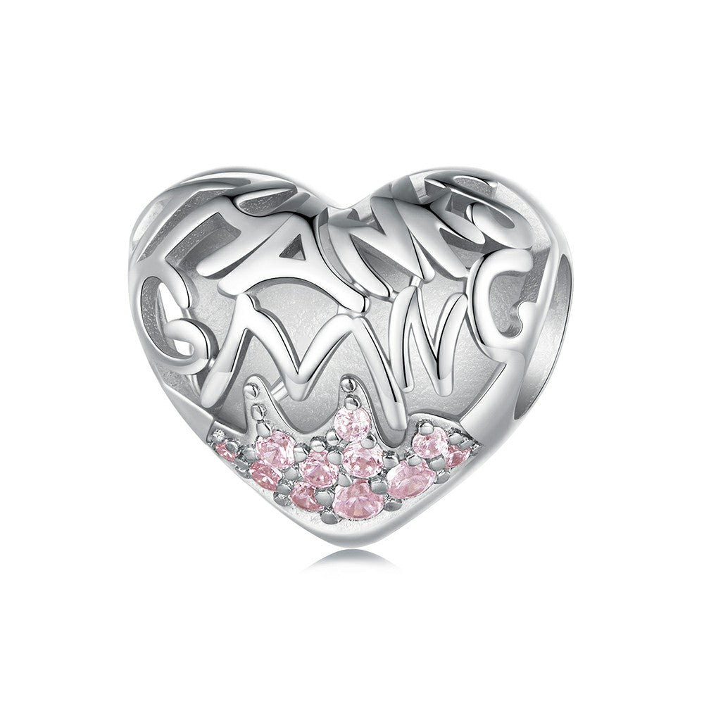 Breloque Diamant Rose Motif Coeur Argent Sterling 925 Xs1956