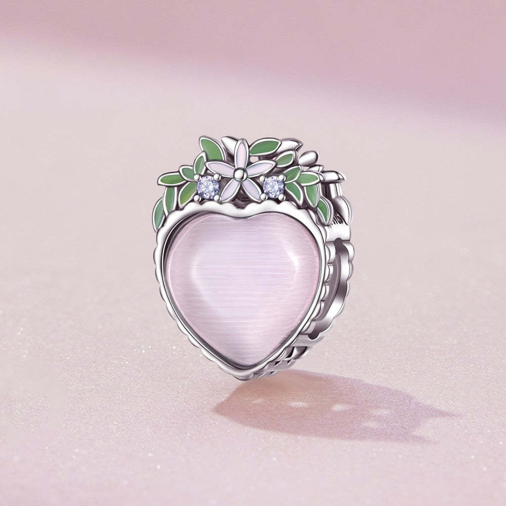 Charme De Feuille Verte Coeur Rose En Argent Sterling 925 Xs2129