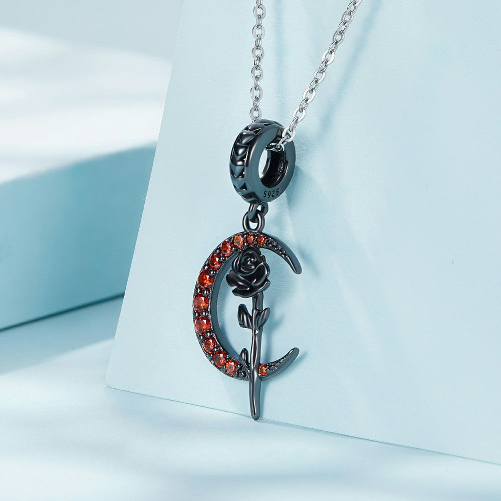 Breloque Pendentif Rose Noire Et Lune En Argent Sterling 925 Yb2444