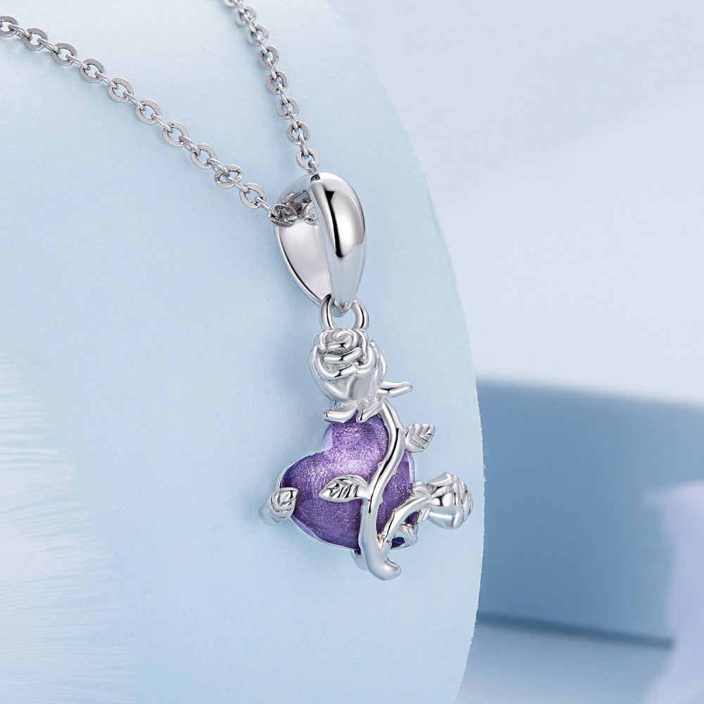 Breloque Pendentif Roses Et Coeur Violet En Argent Sterling 925 Yb2459