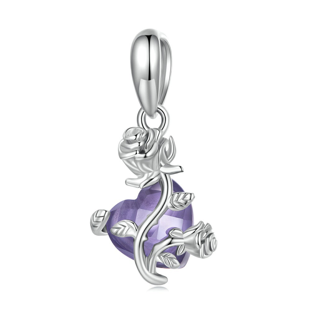 Breloque Pendentif Roses Et Coeur Violet En Argent Sterling 925 Yb2459