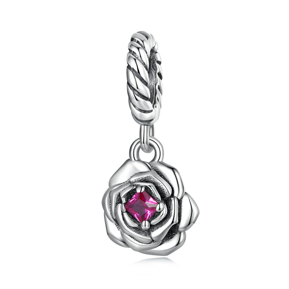 Rose Avec Breloque En Zircon Rouge Rose En Argent Sterling 925 Yb2489