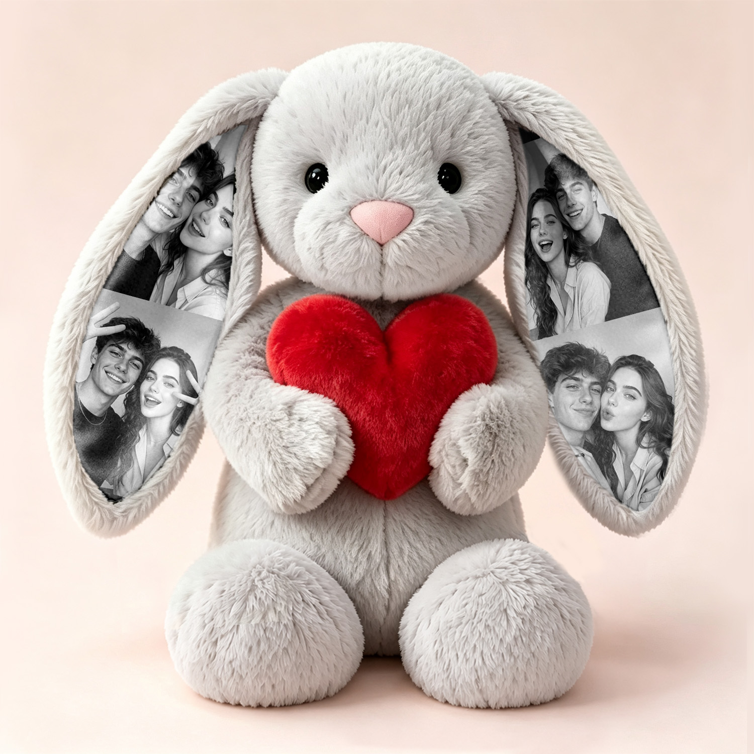 Peluche Lapin Personnalisée avec Photos Cachées dans les Oreilles – Cadeau Unique pour Couple, Anniversaire, Fête des Mères