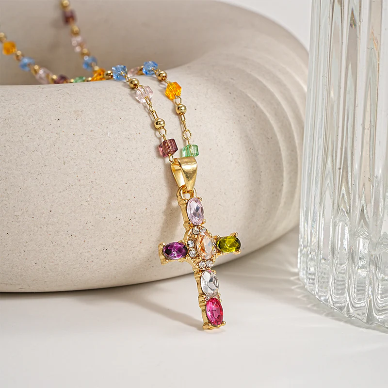 Collier pendentif croix colorée, bijoux à la mode, cadeau pour elle - soufeelfr