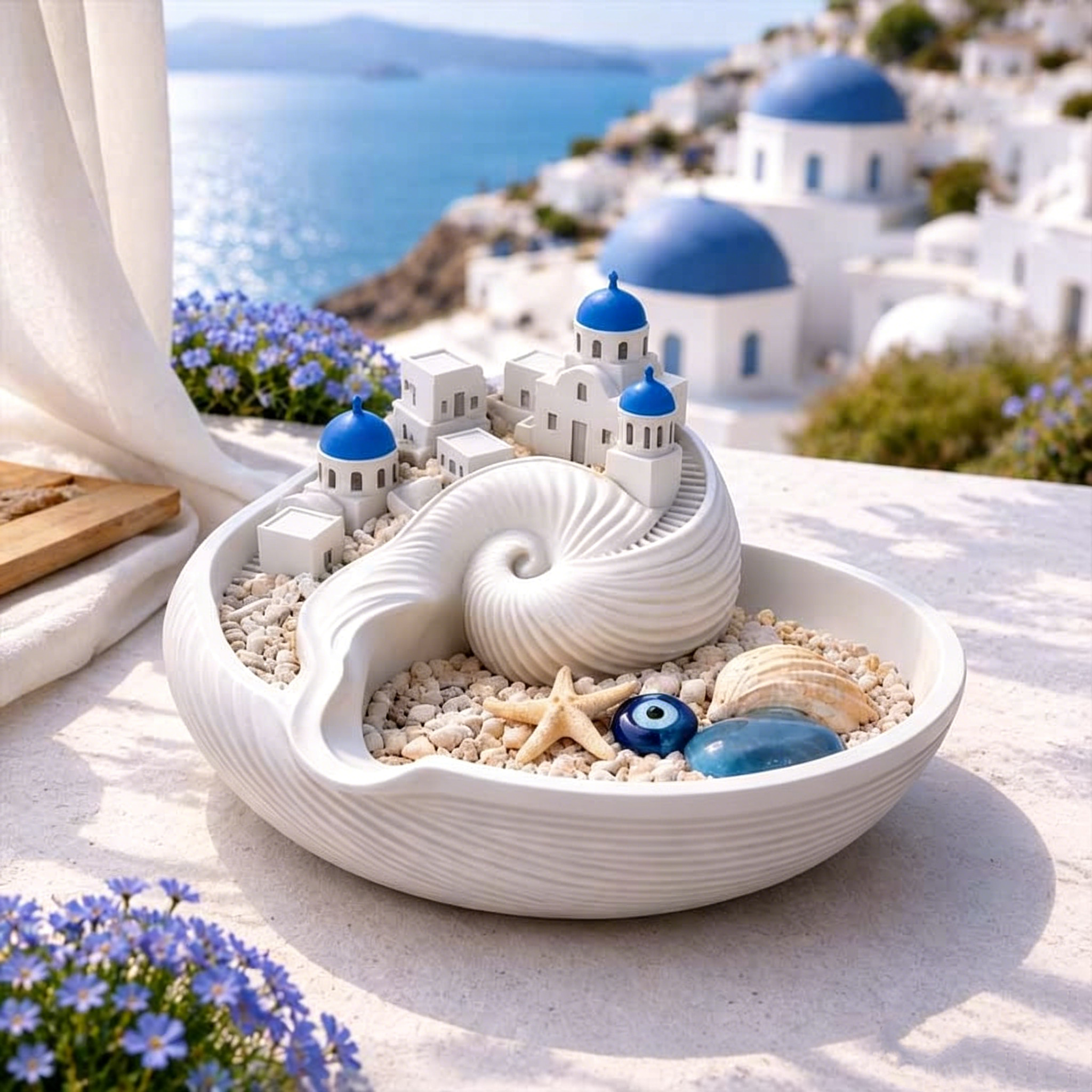 Bol à Clés De Santorin Pour Entrée, île Grecque, Paysage Miniature, Bibelot, Bijoux, Plat, Coquille De Conque, Sculpture, Décoration De Table, Cadeau D'emménagement