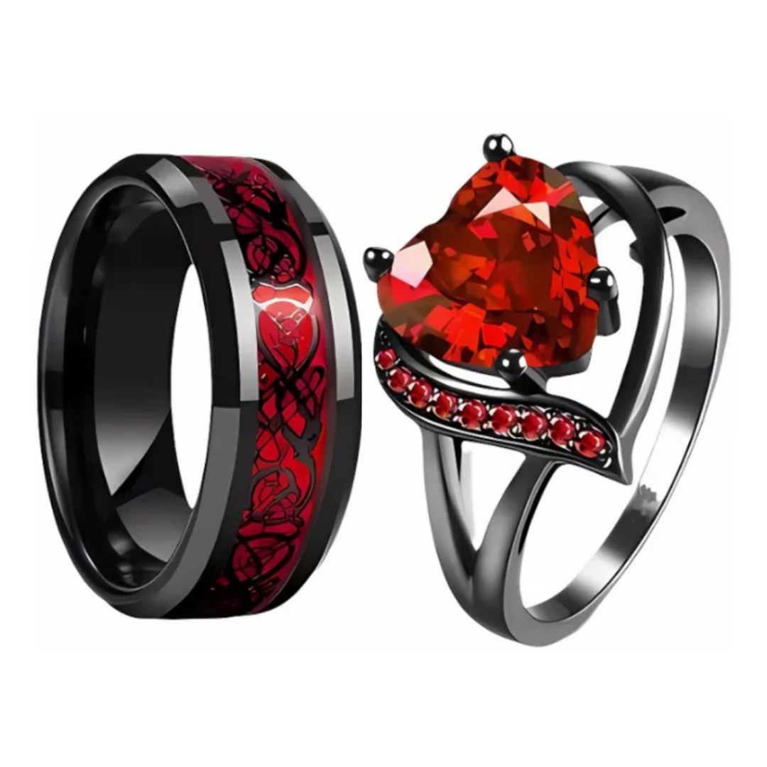 Bagues De Promesse Pour Couple, Ensemble De Bagues De Couple : Bague Homme En Acier Inoxydable Avec Dragon Celtique Et Bague Femme En Zircon En Forme De Cœur Rouge. Cadeau Romantique Pour La Saint-valentin Ou Un Anniversaire. - soufeelfr