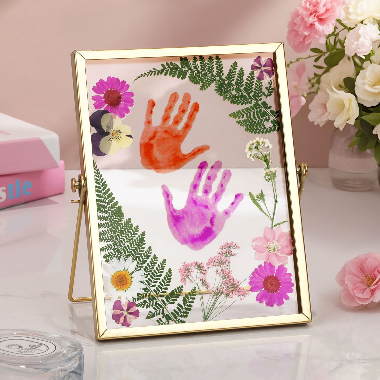 Confezione Di Materiali Per Cornici Fai Da Te Con Impronte Di Mani E Fiori Secchi, Cornice In Metallo, Ornamenti Con Fiori Secchi, Esemplare Di Pianta In Vetro, Regali Per La Festa Della Mamma