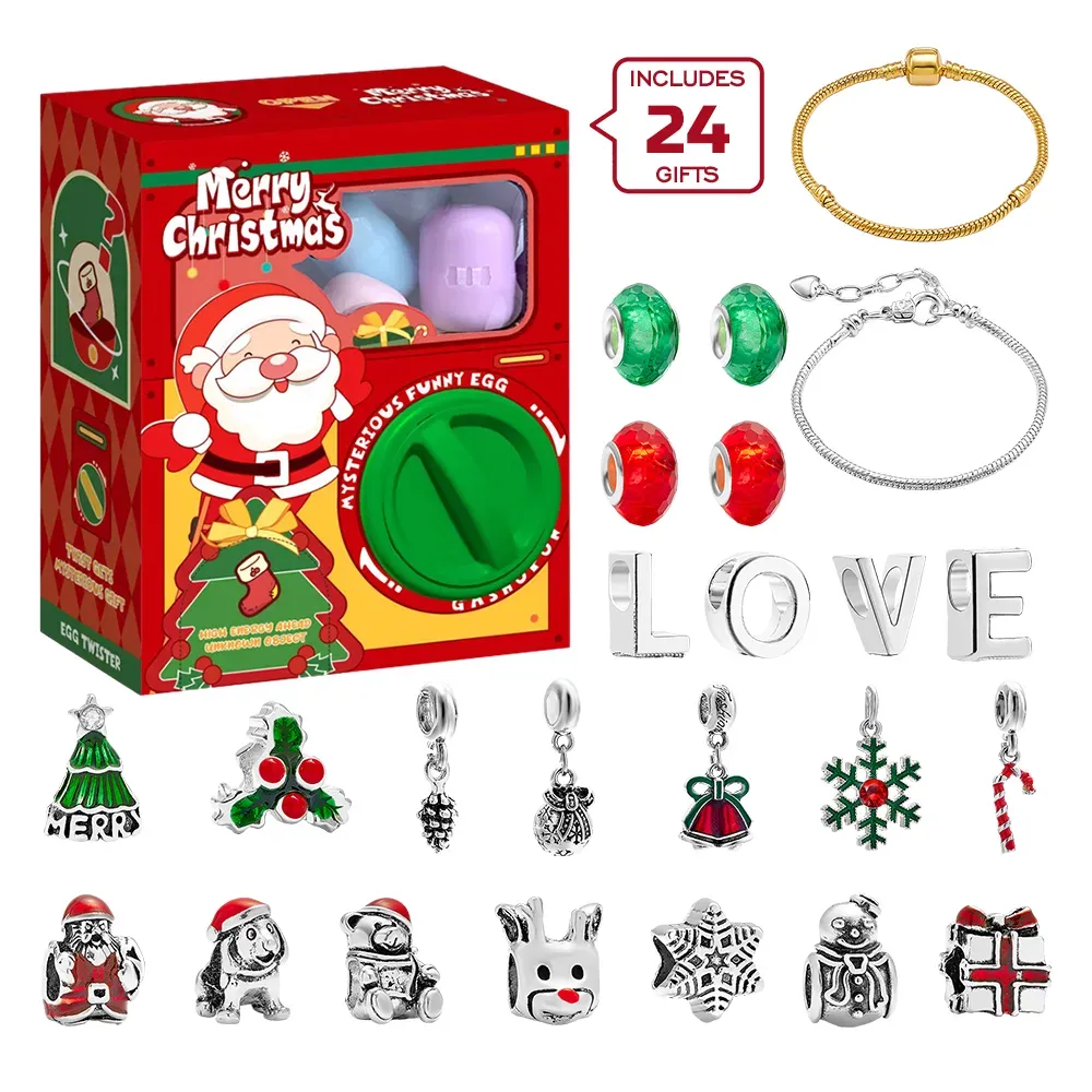 Bracciale con scatola a sorpresa con ciondolo natalizio Bracciale con scatola cieca con conto alla rovescia per 24 giorni di Natale Ciondoli fai da te Regali di Natale Calendario dell'Avvento dei gioielli