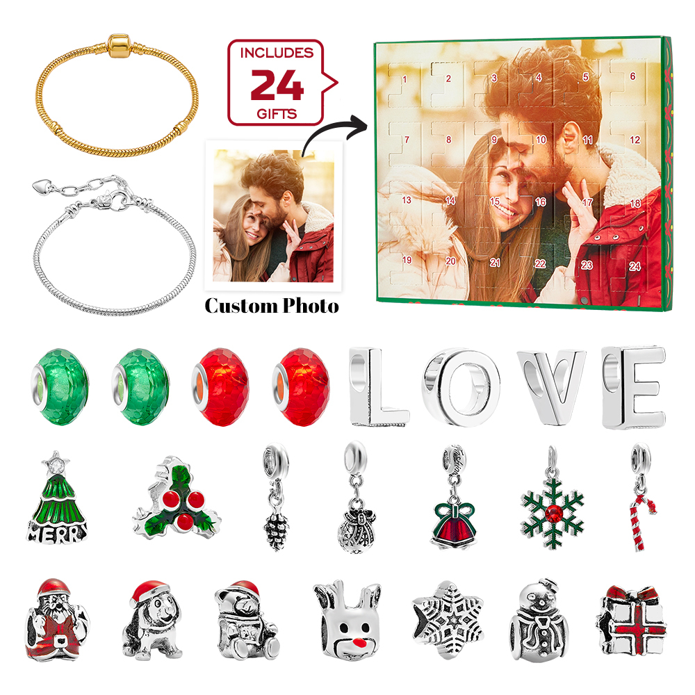 Gioielli Con Foto Personalizzati, Calendario Dell'avvento, Ciondolo Con Foto, Braccialetto Con Scatola Cieca A Sorpresa Natalizia, Braccialetto Con Scatola Regalo Con Conto Alla Rovescia Per 24 Calendari