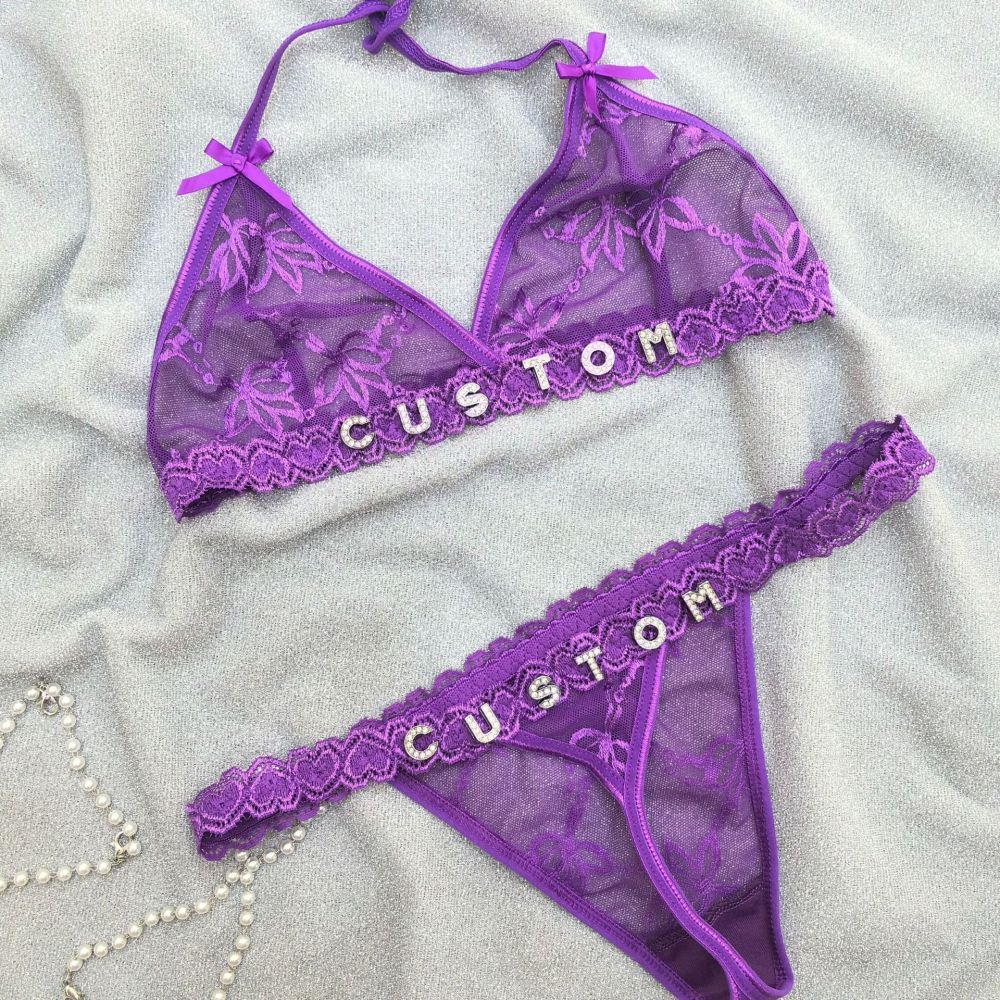 Set Di Biancheria Intima Di Pizzo Personalizzato, Lingerie E Infradito Con Lettera Di Cristallo, Nome Di Biancheria Intima Trasparente Di Pizzo, Regalo Per Lei - soufeelit