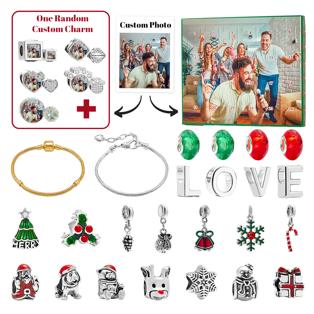 Gioielli Con Foto Personalizzati, Calendario Dell'avvento, Ciondolo Con Foto, Braccialetto Con Scatola Cieca A Sorpresa Natalizia, Braccialetto Con Scatola Regalo Con Conto Alla Rovescia Per 24 Calendari Per Un Amico