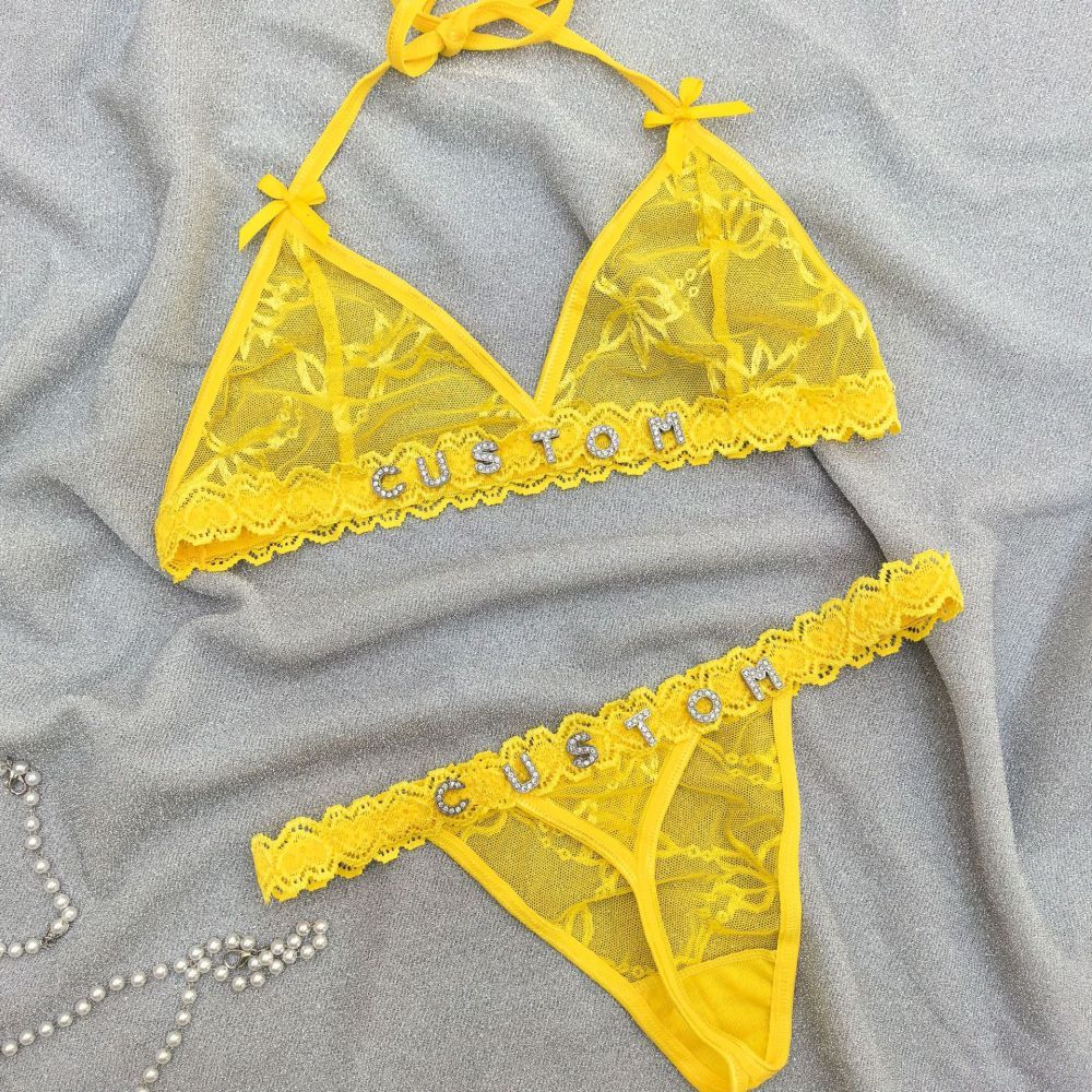 Set Di Biancheria Intima Di Pizzo Personalizzato, Lingerie E Infradito Con Lettera Di Cristallo, Nome Di Biancheria Intima Trasparente Di Pizzo, Regalo Per Lei - soufeelit